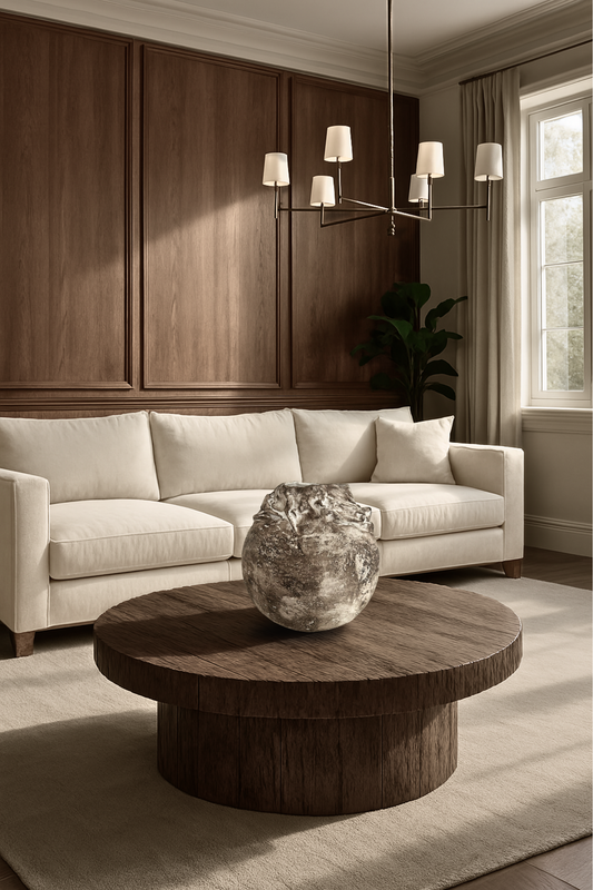 Handmade earthy wabi-sabi vase styled as a centerpiece on a round wooden coffee table in a warm-toned living room with modern decor.
