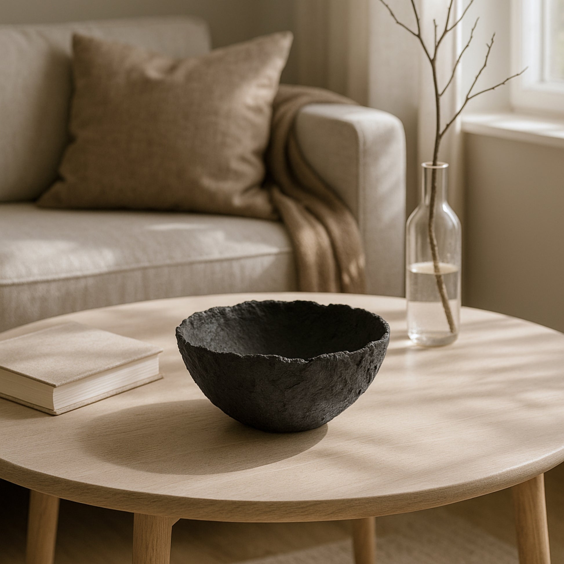 Wabi sabi style bowl on a round wooden table in a modern natural-toned living room.